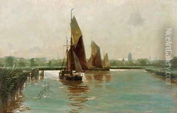 Sailing in a riverlandscape Oil Painting - Erwin Carl Wilhelm Gunther