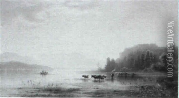 Cattle Watering At A Lake, Mountains Beyond Oil Painting - Karl Heilmayer