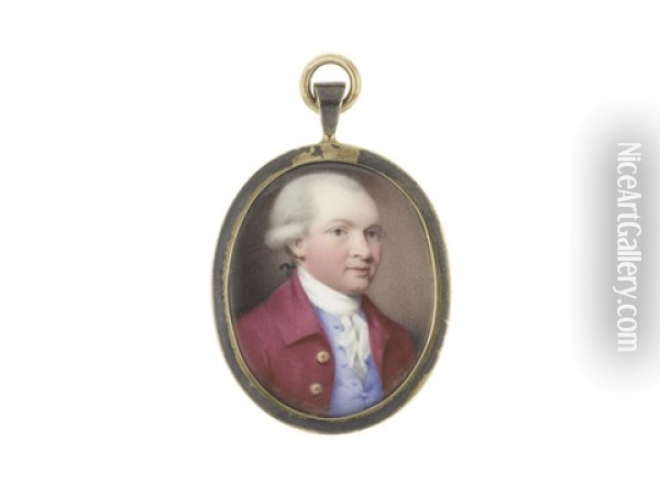 A Gentleman, Wearing Crimson Coat And Pale Blue Waistcoat, White Stock And Lace Cravat, His Powdered Wig Worn En Queue And Tied With Black Ribbon Oil Painting - Henry Spicer