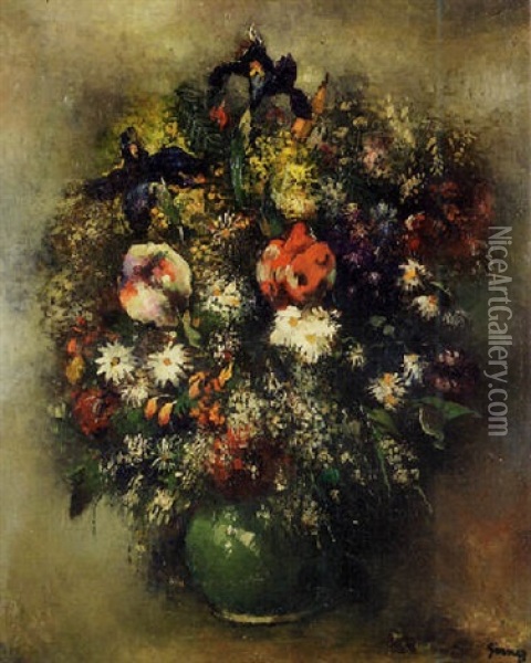 Bouquet De Fleurs Au Vase Vert Oil Painting - Paul Elie Gernez
