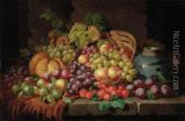 A Basket Of Grapes, Plums, 
Peaches, Strawberries And A Melon With A Jar On A Draped Stone Table Oil Painting - Charles Thomas Bale