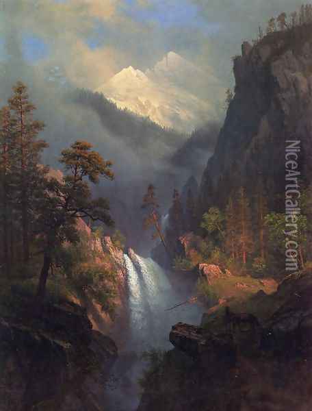 Cascading Falls at Sunset Oil Painting - Albert Bierstadt