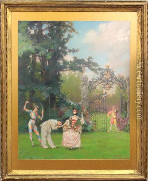 Garden Scene With Harlequins Oil Painting - Samuel Isham