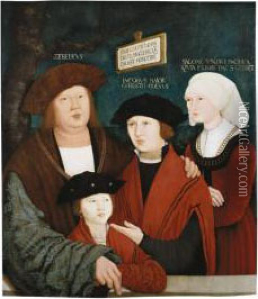 A Portrait Of Johannes Cuspinian, With His Second Wife Agnes, And His Sons From His First Marriage: Sebastian Felix And Nicolaus Christostomus Oil Painting - Bernhard Strigel