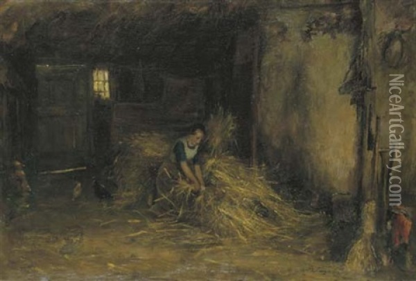 Gathering Hay In The Barn Oil Painting - Baruch Lopes de Leao Laguna