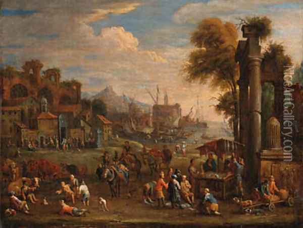 Peasants by a Mediterranean harbour with classical ruins Oil Painting - Alexander van Bredael