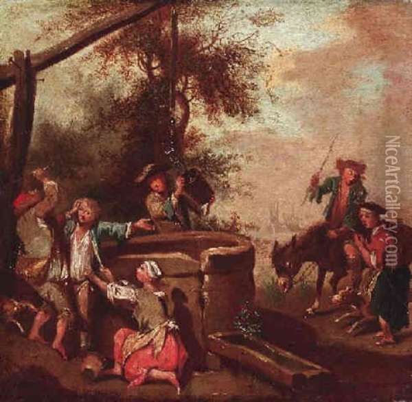 Prugelei Am Brunnen Oil Painting - Johann Conrad Seekatz