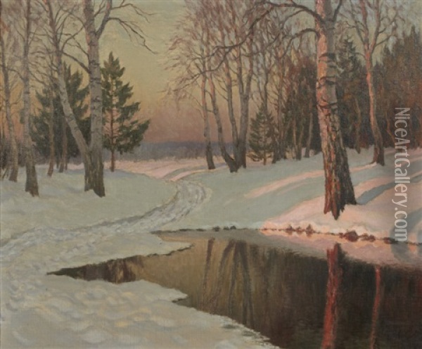 Paysage D'hiver Au Soleil Couchant Oil Painting - Mikhail Markianovich Germanshev