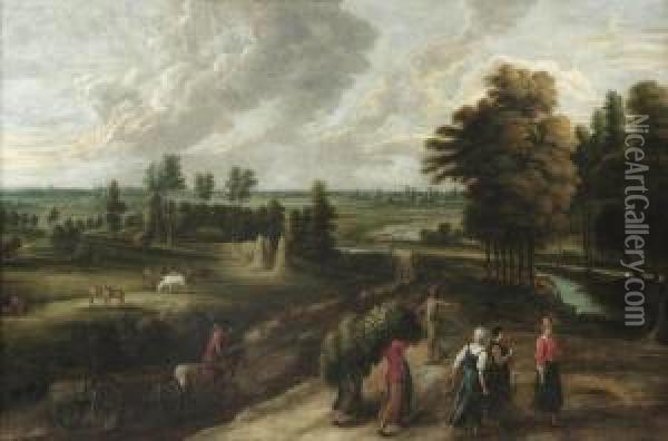 An Extensive Landscape With Harvesters Carrying Their Produce Alonga Track In The Foreground, A Herdsman Driving A Flock Of Sheep Intothe Distance Oil Painting - Lucas Van Uden