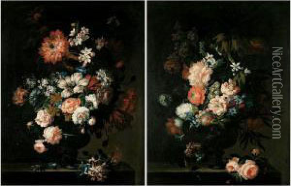 Still Lifes Of Roses, Tulips, 
Convolvuli, Chrysenthamums, Hyacinths, Peonies And Other Flowers In 
Glass Vases, Both Set Upon Stone Pedestals Oil Painting - Pieter Hardime