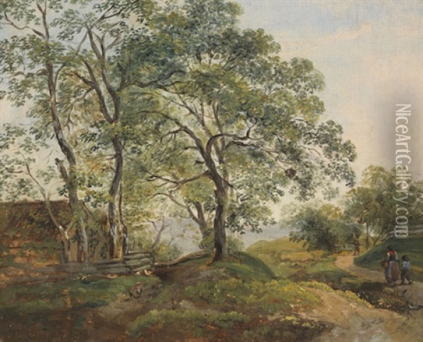 Hugelige Baumlandschaft Mit Hutte Oil Painting - Georg Maximilian Johann Von Dillis