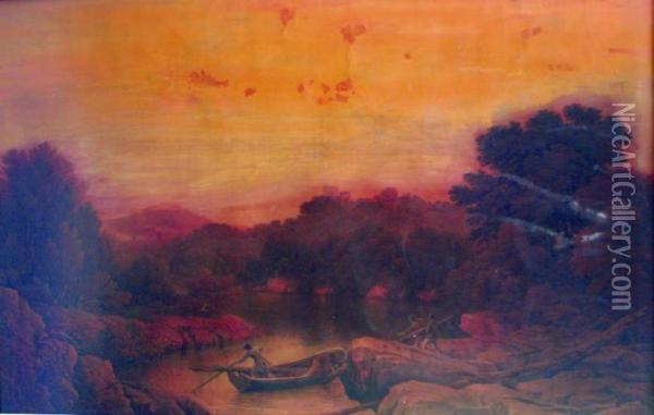 Men Loading Logs In A River Landscape Oil Painting - Nicholson, F.