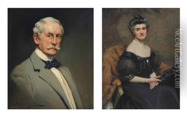 Portrait Of Colonel Sir Malcolm Fox (+ A Portrait Of Lady Fox; 2 Works) Oil Painting - John Saint-Helier Lander
