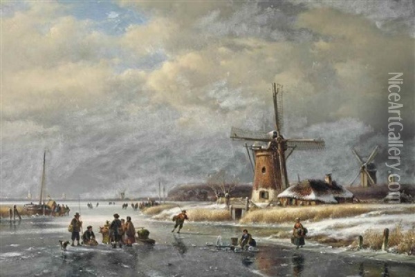 A Winter Landscape With Numerous Figures On The Ice Oil Painting - Lodewijk Johannes Kleijn
