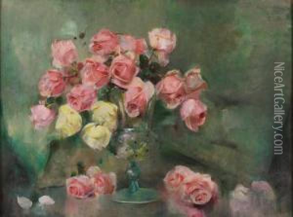Rose Rosa E Rose Tea Oil Painting - Luigi Serralunga