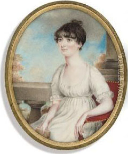 A Lady, In White Dress With 
Short Lace-bordered Sleeves, Seated On Gilt-metal Studded Red Leather 
Chair, Holding A Book In Her Right Hand, Upswept Dark Hair; Pillar, 
Balustrade, Foliage And Sky Background Oil Painting - Roger Jean