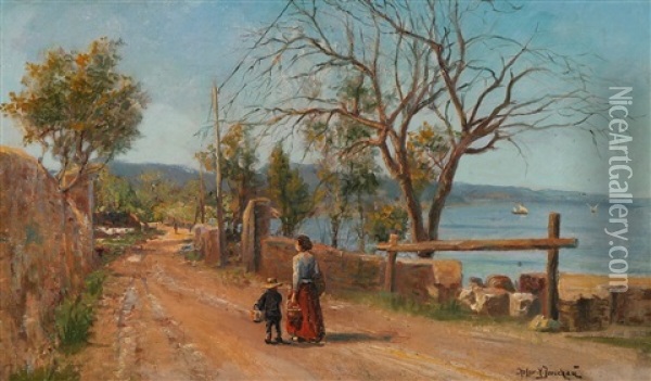 Italian Scene With Mother And Child Walking Along A Coastal Path Oil Painting - Holger Hvitfeldt Jerichau