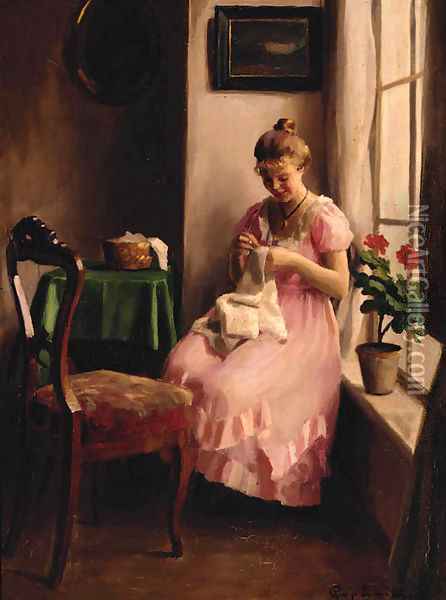 A girl in a pink dress sewing by the window Oil Painting - Emil Pap