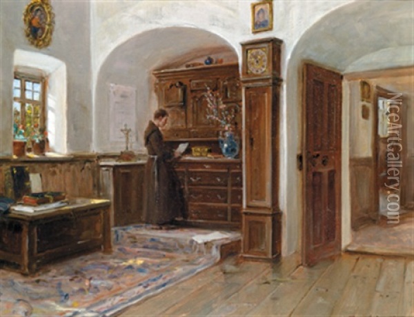 Interieur Mit Jungem, Lesenden Kapuzinermonch Oil Painting - Lajos Bruck