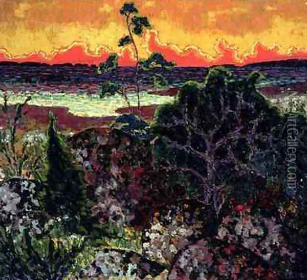 Landscape with a Red Cloud 1913-14 Oil Painting - Konrad Magi