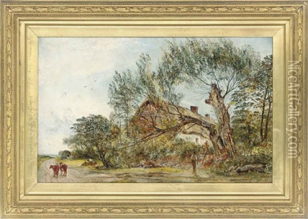 Figures By A Fallen Tree, Before A Cottage Oil Painting - William Joseph J. C. Bond