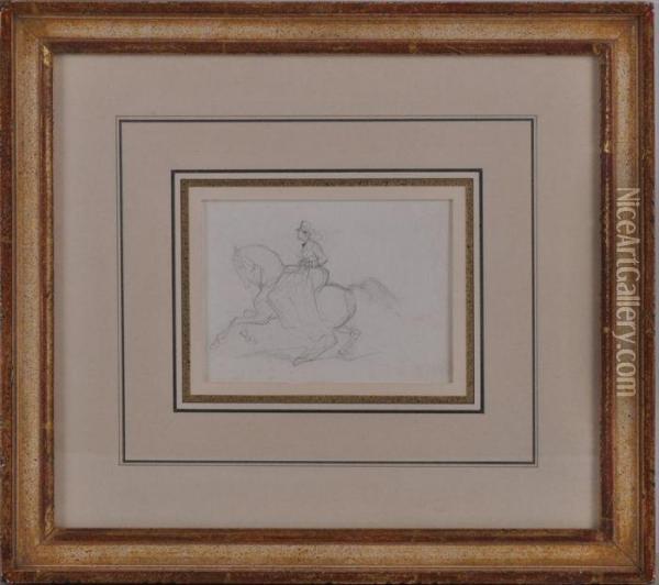 A Woman On Horsback (une Amazone) And A Study Of A Horse's Head: 
A Double-sided Drawing Oil Painting - Theodore Gericault