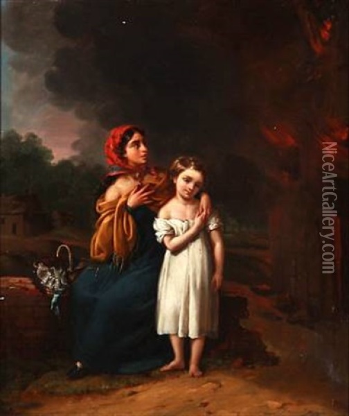 Mother And Child Near A Burning House Oil Painting - Petrus Renier Hubertus Knarren