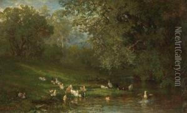 Ducks By A Pond Oil Painting - Frederick Rondel Sr.