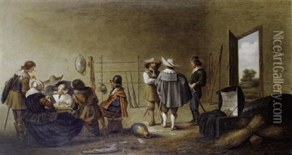 Figures Merrymaking In A Guardroom Interior Oil Painting - Pieter Jacobs Codde
