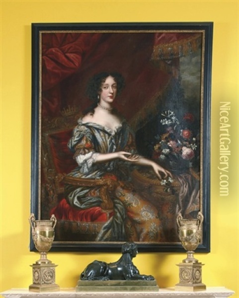 Portrait Of Margarite Louise, Grand Duchess Of Tuscany, In An Embroidered Yellow And Blue Dress Oil Painting - Henri Gascars