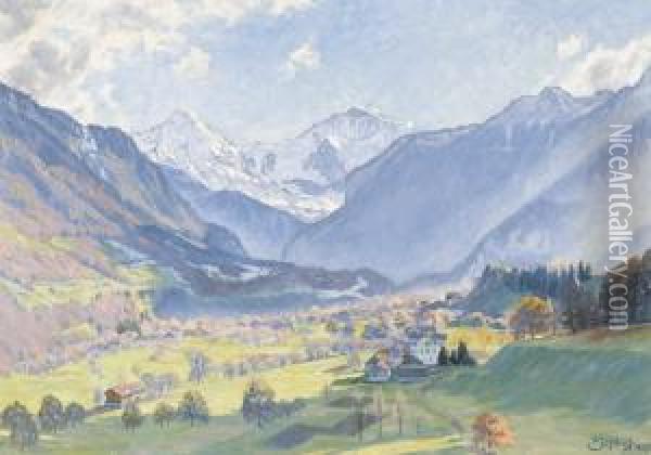 Herbstliche Ansicht Von Wilderswil Mit Monch Und Jungfrau. Oil Painting - Paul Schurch