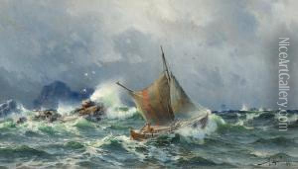 Stormigt Hav Oil Painting - Af Herman Sillen