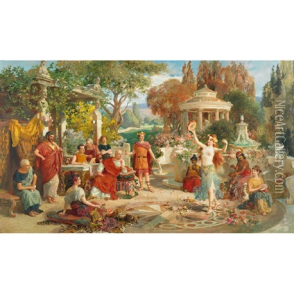 Harem Girls Performing In A Roman Garden Oil Painting - Emmanuel Oberhauser