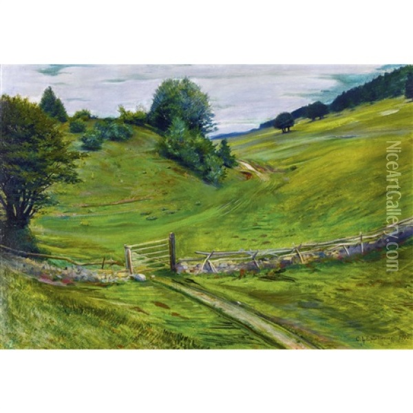Hugelige Landschaft Mit Zaun Oil Painting - Charles L'Eplattenier