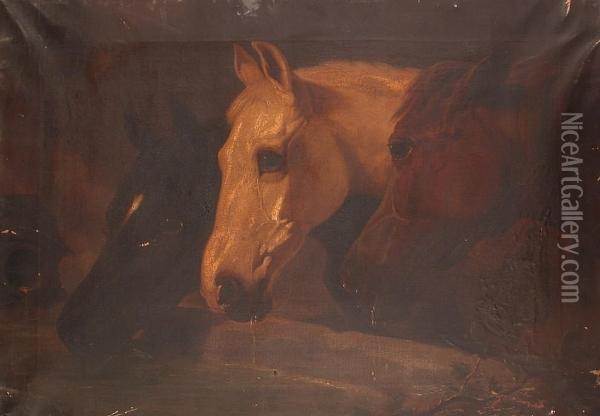 Head Study Of Three Horses At A Well; And A Companion Oil Painting - Henry Charles Woollett