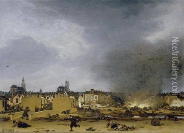 Ansicht Auf Delft Mit Der Explosion Von 1654 Oil Painting - Egbert Lievensz van der Poel