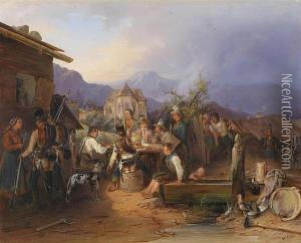 Hungarian Infantry Restingin A Styrian Village Oil Painting - Wilhelm Richter