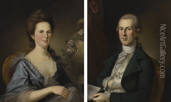 Mr. And Mrs. Thomas Russell: A Pair Of Portraits Oil Painting - Charles Willson Peale