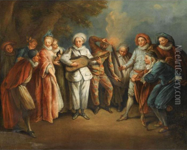 Actors Of The Italian Commedia Dell'arte Oil Painting - Watteau, Jean Antoine