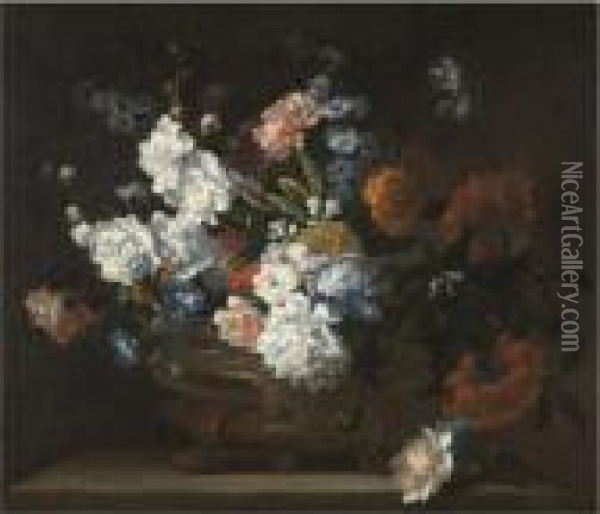 A Still Life Of Flowers 
Including Peonies, Carnations, Poppies And Auriculae In A Bronze Urn On A
 Stone Ledge Oil Painting - Jean-Baptiste Monnoyer