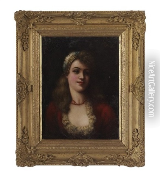 Portrait Of A Beauty Wearing A Coral Necklace Oil Painting - Henri Gaston Darien