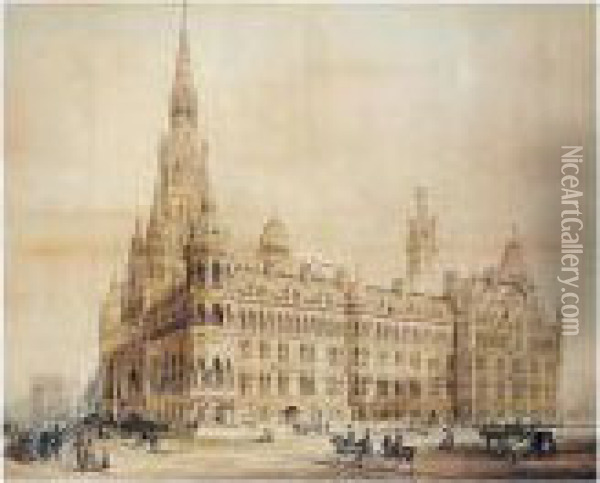 A Perspective Drawing Of Manchester Town Hall Oil Painting - Alfred Waterhouse