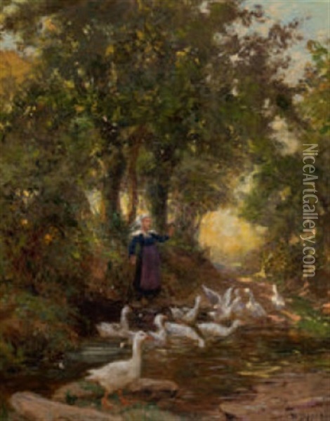 Waldlichtung Mit Teich Und Gansehirtin Oil Painting - Theophile-Louis Deyrolle