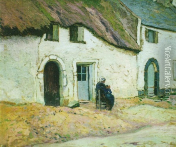 En Bretagne Devant La Chaumiere Oil Painting - Paul Madeline