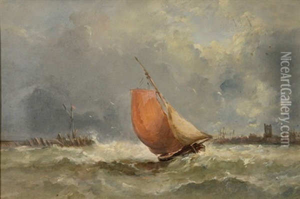 A Fishing Boat In Choppy Waters Off A Jetty Oil Painting - Baron Charles John Colville