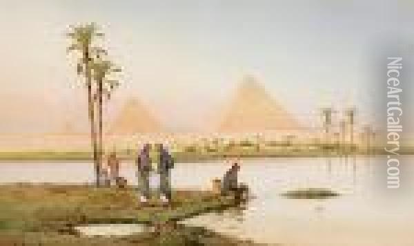 A View Of The Nile At Rod-el-farrag; A View Of The Pyramids At Giza (a Pair) Oil Painting - Spyridon Scarvelli