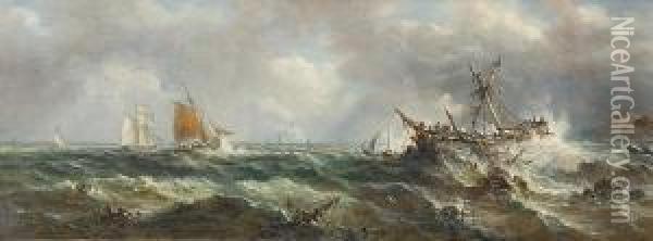 Boats In Rough Seas Off The Coast Oil Painting - John Moore Of Ipswich