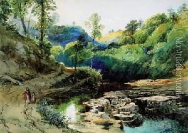 A Woman And Child Walking By A River, Probably Dovedale Oil Painting - William Collingwood Smith
