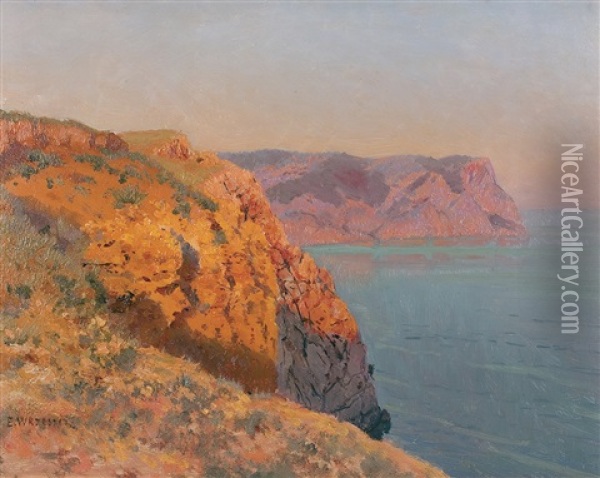 Cliff Of Crimean Seashore Oil Painting - Eugeniusz Wrzeszcz
