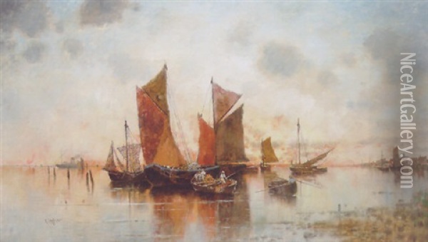 Sailing Boats On An Estuary, A Town Beyond Oil Painting - Karl Heffner
